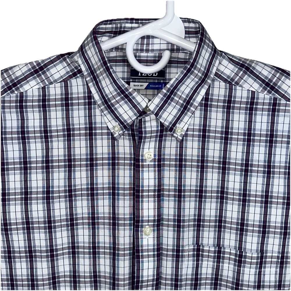 Izod Shirt Mens 15-15.5 34/35 Quick Dry Blue Red Plaid Button Down Classic Fit